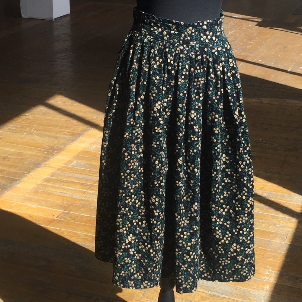 Vintage Black, Green, Red, Cream Floral Corduroy Skirt - Picture 2 of 7